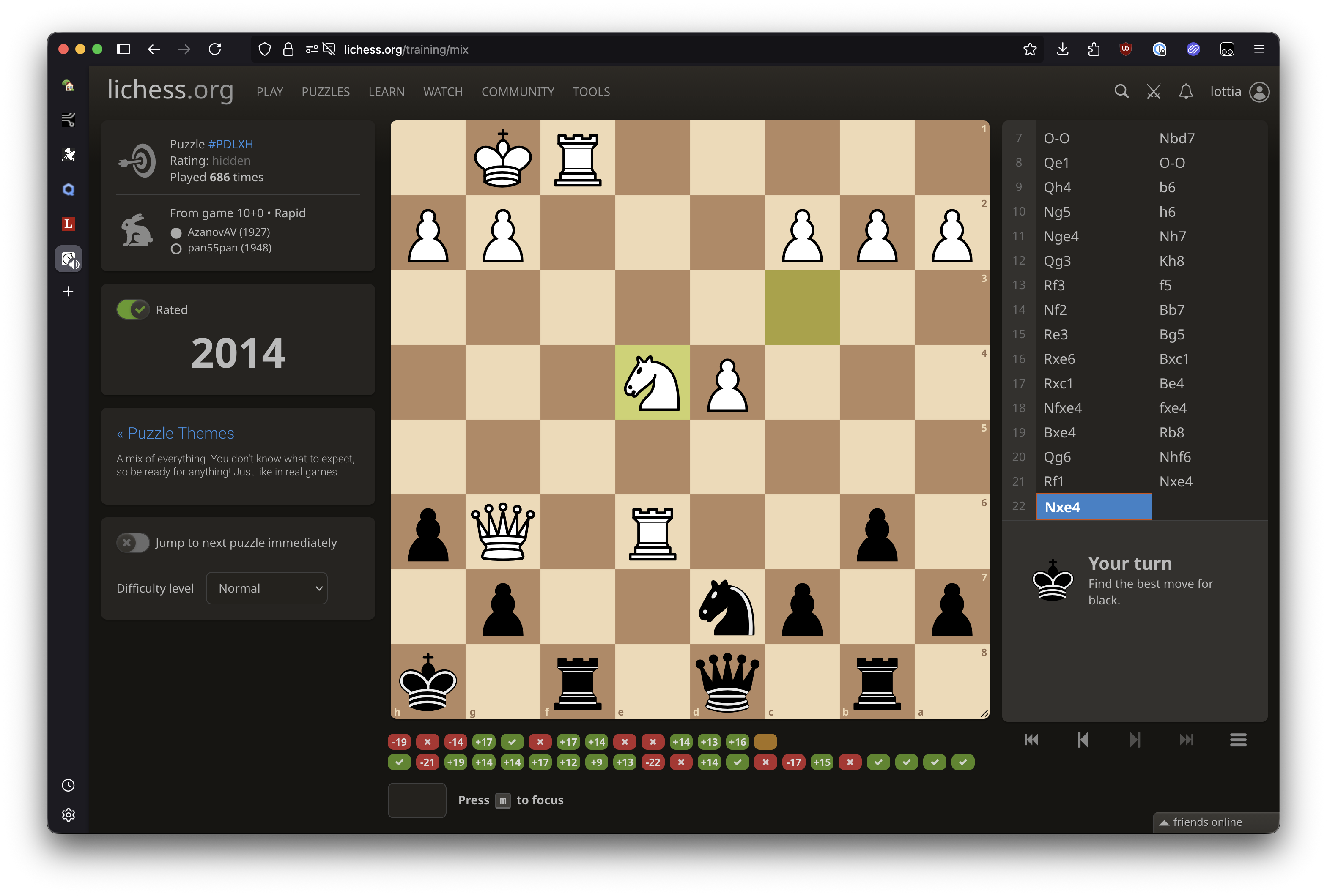 screenshot of lichess showing 2014 “puzzle” rank