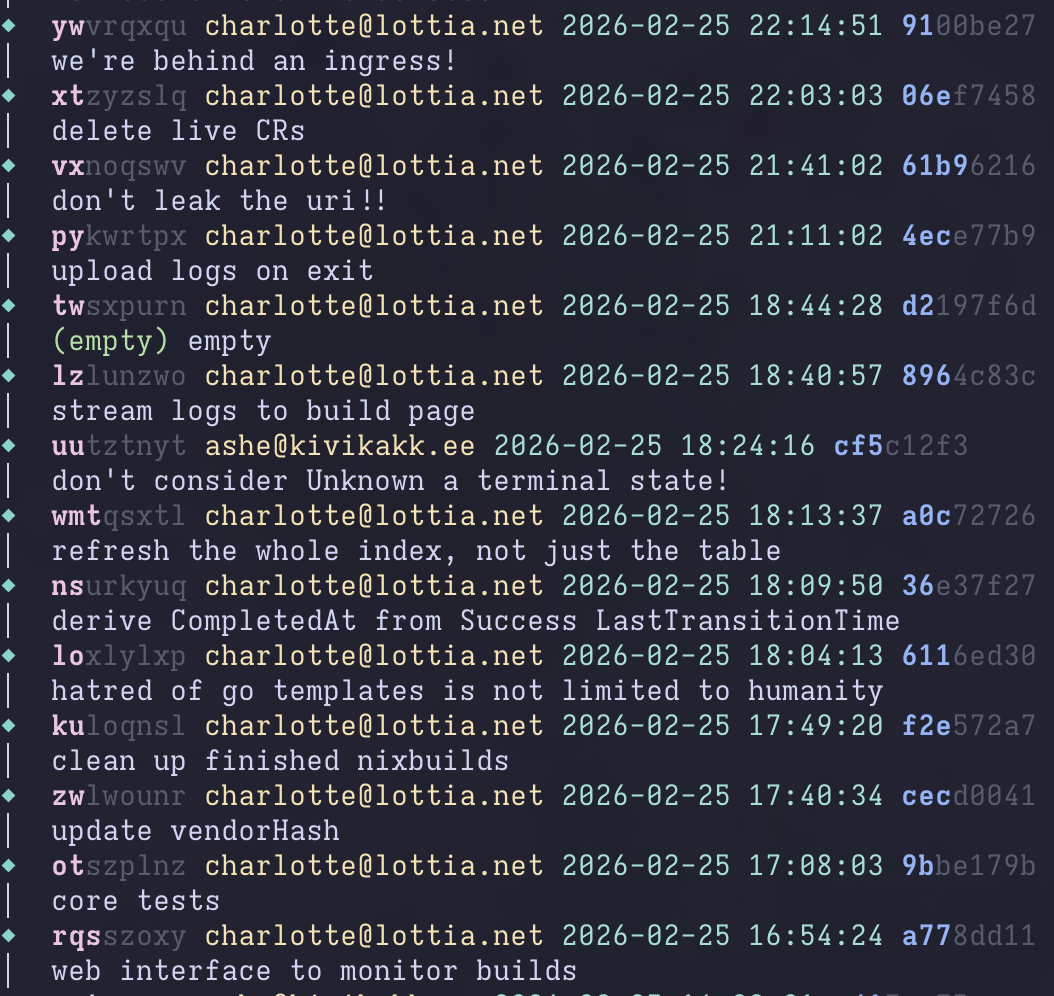 screenshot of jj log showing commits over an evening building the feature out