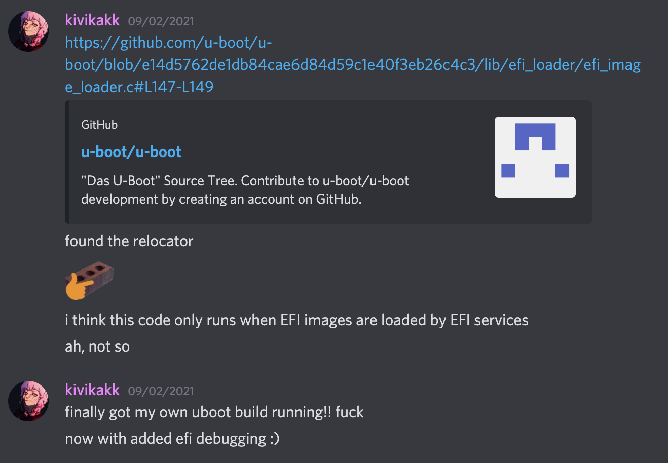 “finally got my own uboot build running!! fuck”