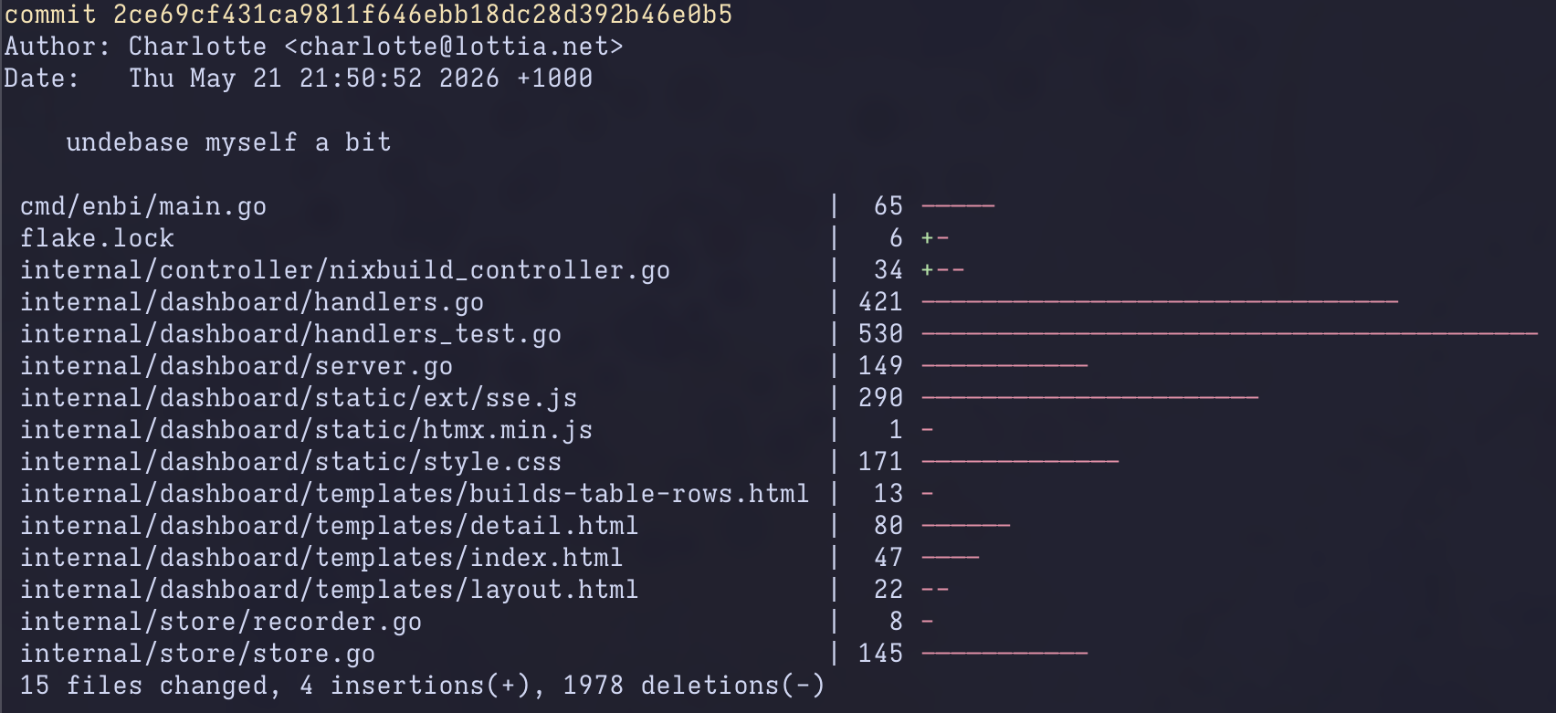 git commit "undebase myself a bit", diffstat shows 1978 deletions, 4 insertions